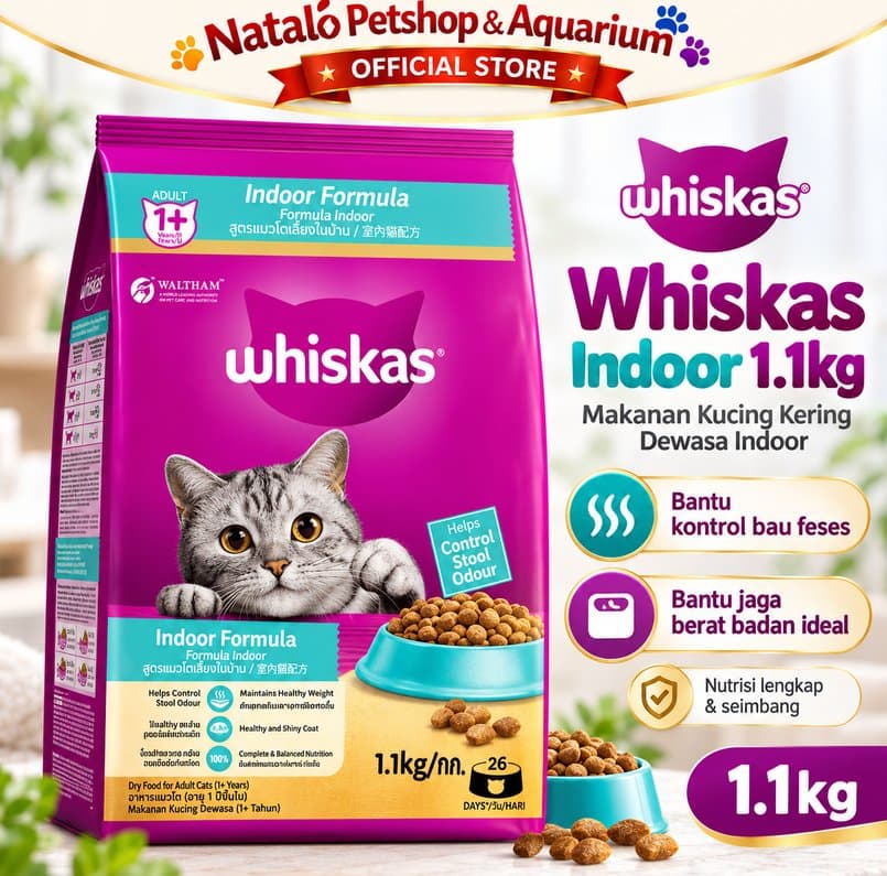 Whiskas Indoor 1.1kg Makanan Kucing Kering Adult 1+ Tahun Dry Cat Food Indoor - gambar 1