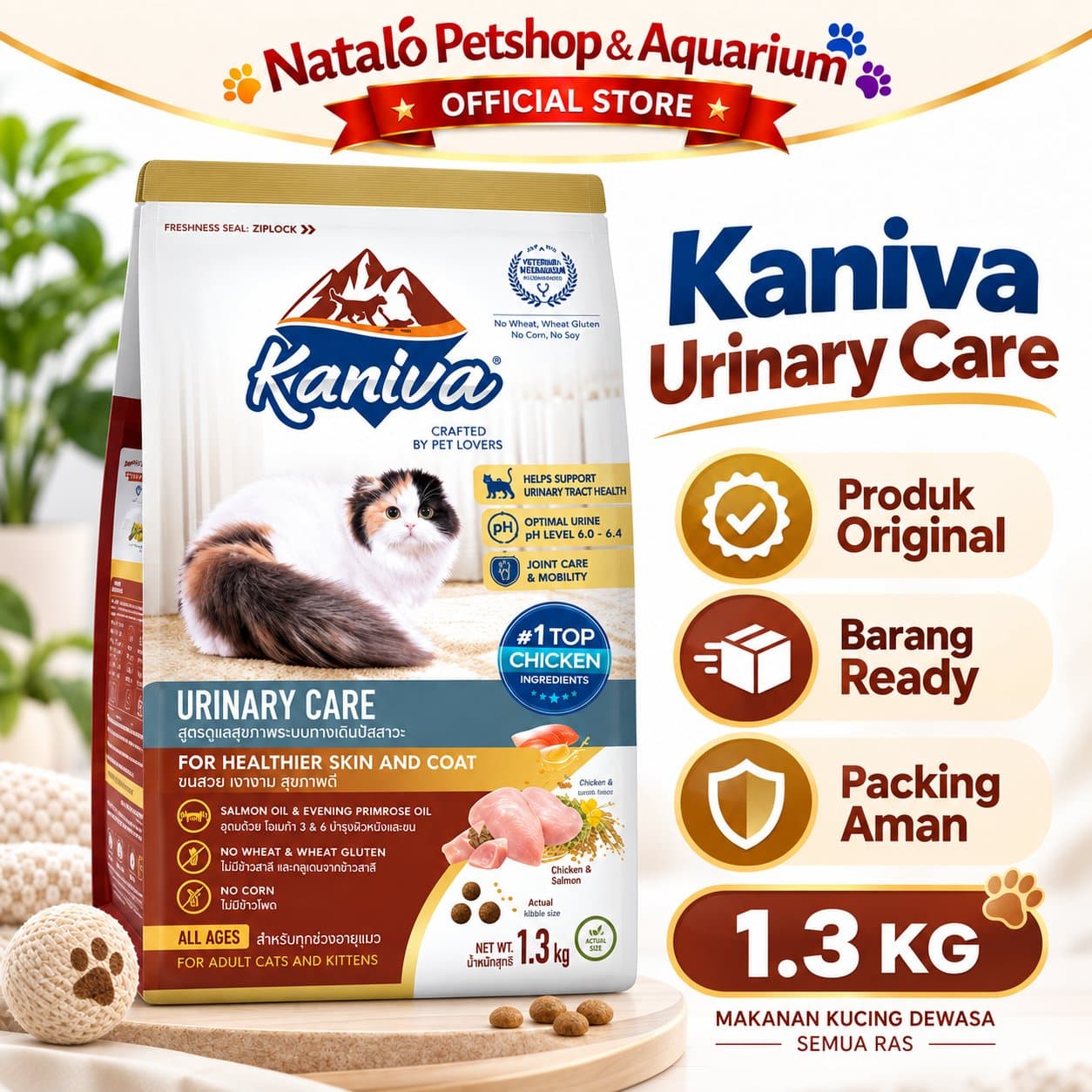 Kaniva Urinary Care Cat 1.3KG Dry Food - Masalah Kantung Kemih Susah Pipis - Holistic Healthy Skin and Coat - Premium Makanan Kucing Kering untuk Segala Usia All Life Stages Adult Kitten Dewasa Anak K - gambar 1