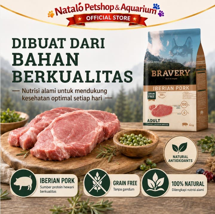 Bravery Medium / Large Adult Dog PORK 4KG Makanan Anjing Super Premium Pelet Food 4 kg - gambar 4