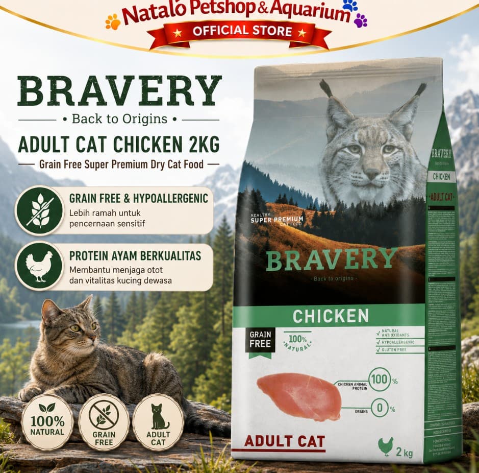 Bravery Adult Cat Chicken 2KG Grain & Gluten Free Super Premium Dry Food Makanan Kering Kucing Dewasa 2 KG rasa Ikan Ayam Hypoallergenic - gambar 1