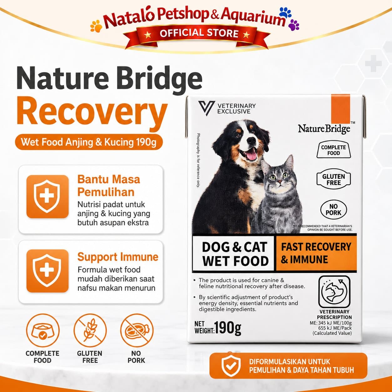 Nature Bridge Fast Recovery & Immune Complete Food for Dog & Cat Wet Food 190GR - Makanan Basah Anjing dan Kucing untuk Bantu Masa Pemulihan Pasca Penyembuhan dan Daya Tahan Tubuh 190 GR - gambar 1