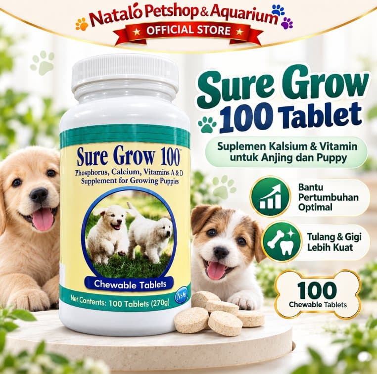 Sure Grow 100 Tablet Vitamin Anjing Puppy Calcium Kalsium Fosfor Vitamin A D Suplemen Pertumbuhan Tulang & Gigi - gambar 1