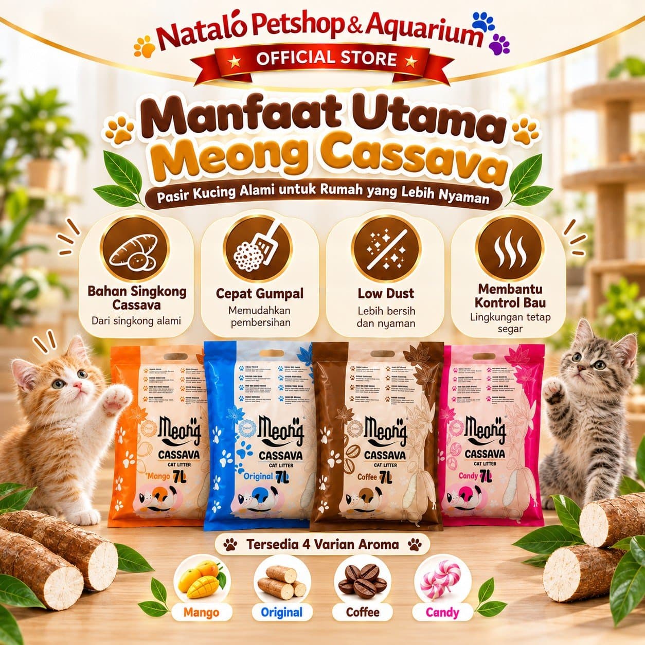Meong Cassava Cat Litter 7L Pasir Kucing Singkong Organik Cepat Gumpal Low Dust Kontrol Bau Wangi Original Coffee Mango Candy - gambar 2