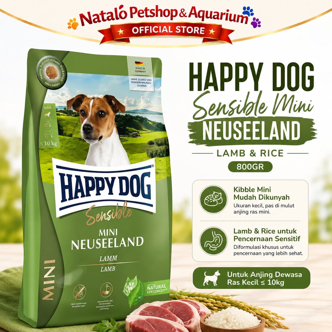 Happy Dog Sensible Mini Neuseeland Lamb 800GR Small Breed Adult Dog Food - Makanan Anjing Dewasa Rasa Domba Ras Mini Irland Super Premium 800 GR - gambar 1