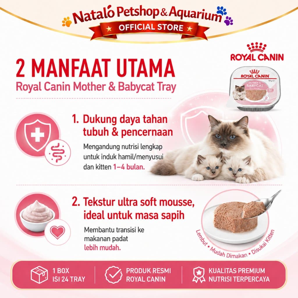 Royal Canin Mother & Babycat Mousse Wet Food 1 BOX isi (24pcs X 100gr) Baby Cat - Makanan Basah Ibu dan Anak Kucing - gambar 2