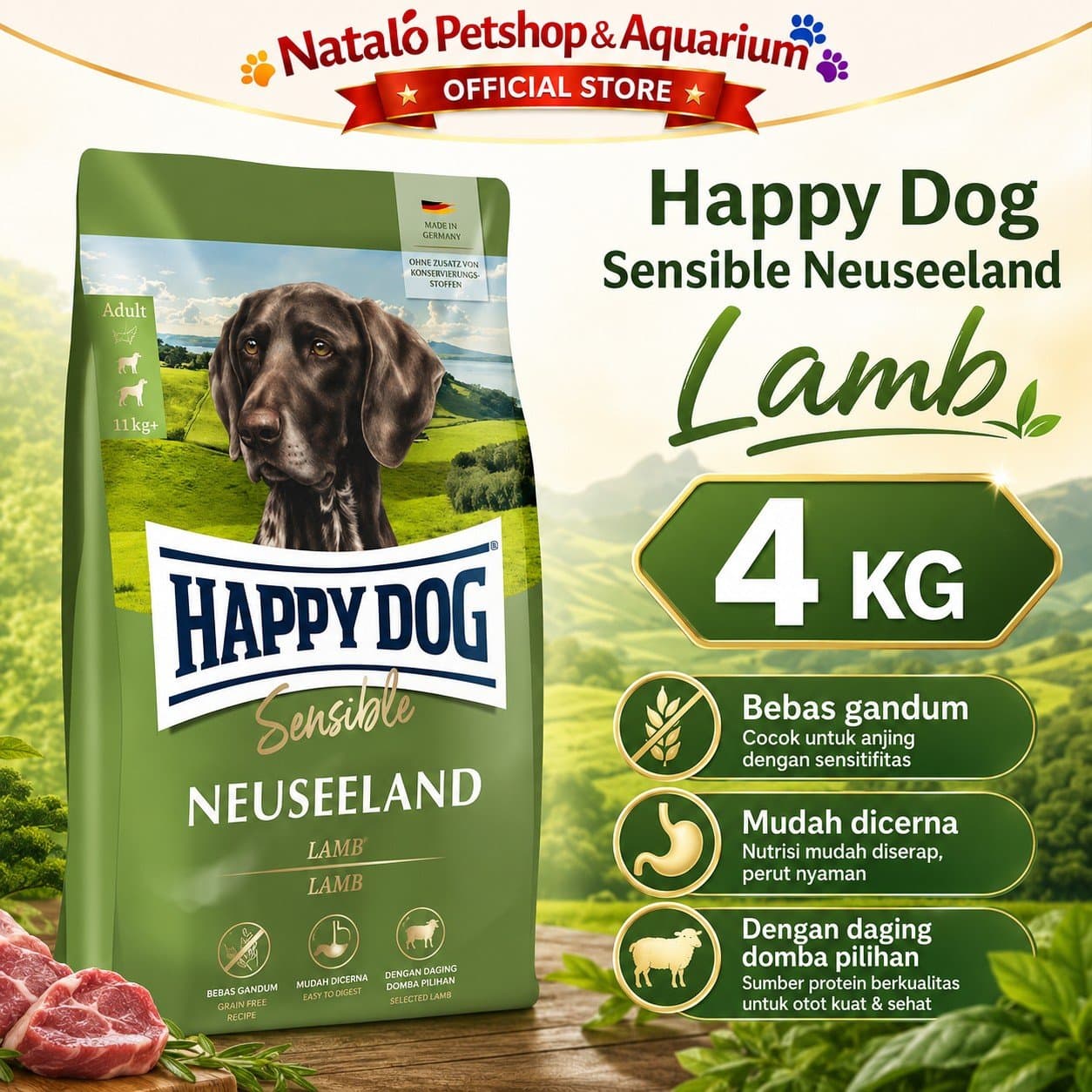 Happy Dog Sensible Neuseeland Lamb 4 KG Adult Dog Food - Makanan Anjing Dewasa Ras Besar Rasa Domba 4KG Super Premium - gambar 1