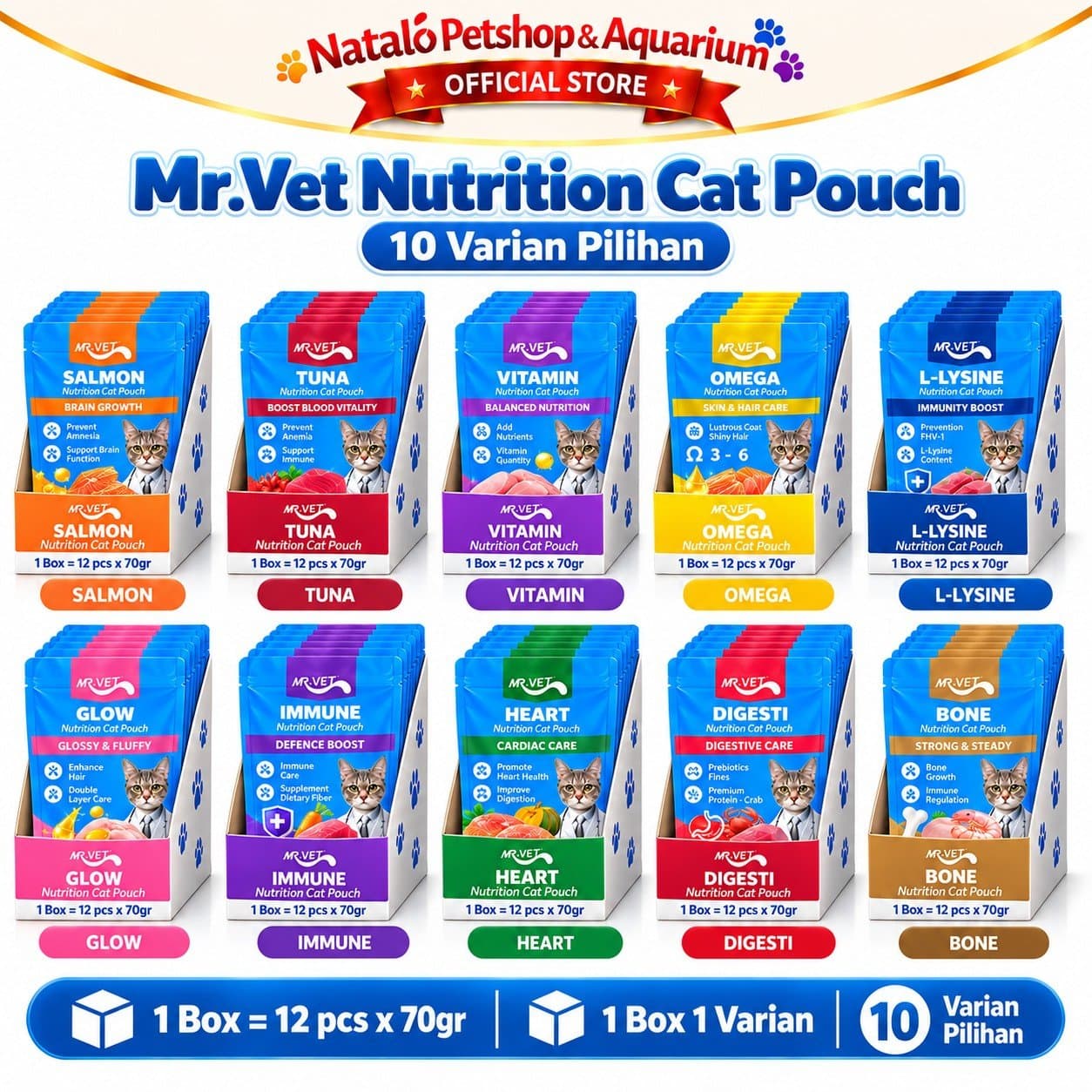Mr. Vet Nutrition Cat Pouch All Life Stages Functional 1box (12pcs x 70gr) - Makanan Basah Saset Kucing Mr.Vet Semua Tahap Usia Fungsional Kesehatan - gambar 6