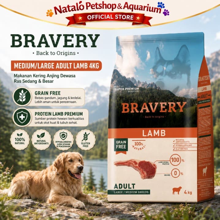 Bravery Medium / Large Adult Dog LAMB 4KG Makanan Anjing Super Premium Pelet Food 4 kg - gambar 1