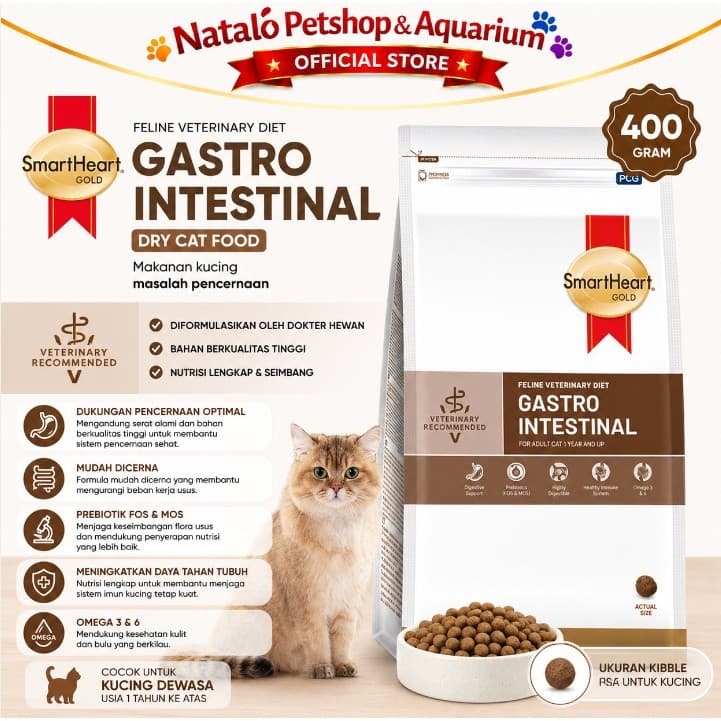 SmartHeart Gold Gastro Intestinal 400GR GOLD Vet Dry Cat Food / Makanan Kering Kucing Dewasa Masalah Pencernaan Gastrointestinal 400 GR Diare Mencret Kembung - gambar 1