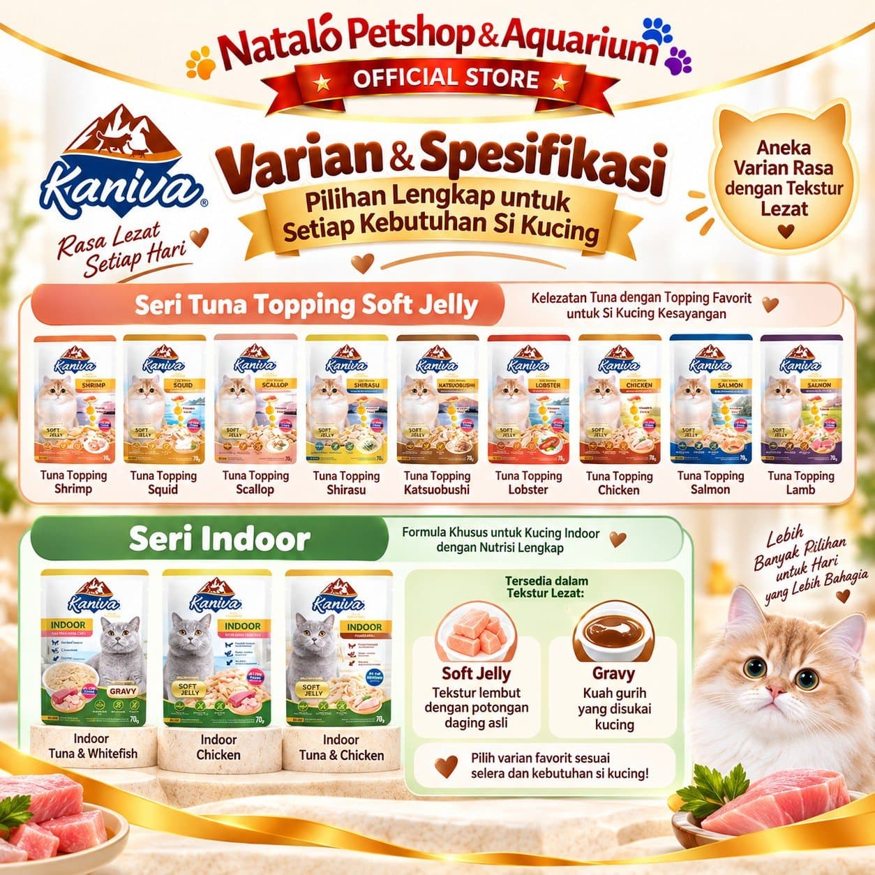 Kaniva Pouch 70GR Premium Wet Cat Food - Daging Makanan Basah Kucing Saset Sachet 70 GR Tuna Chicken Indoor Lobster Gravy Jelly Shrimp Shirasu Scallop Katsuobushi - gambar 6