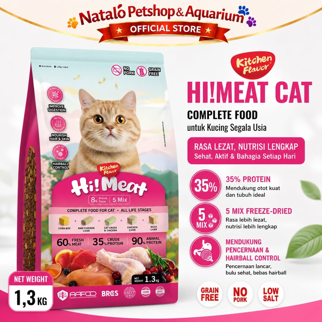 Kitchen Flavor Hi!Meat Complete Cat Food for All Life Stages 1.3KG No Pork - Makanan Kucing Semua Umur Hi Meat / Hi-Meat / Hi! Meat / Himeat 1.3 KG - gambar 1