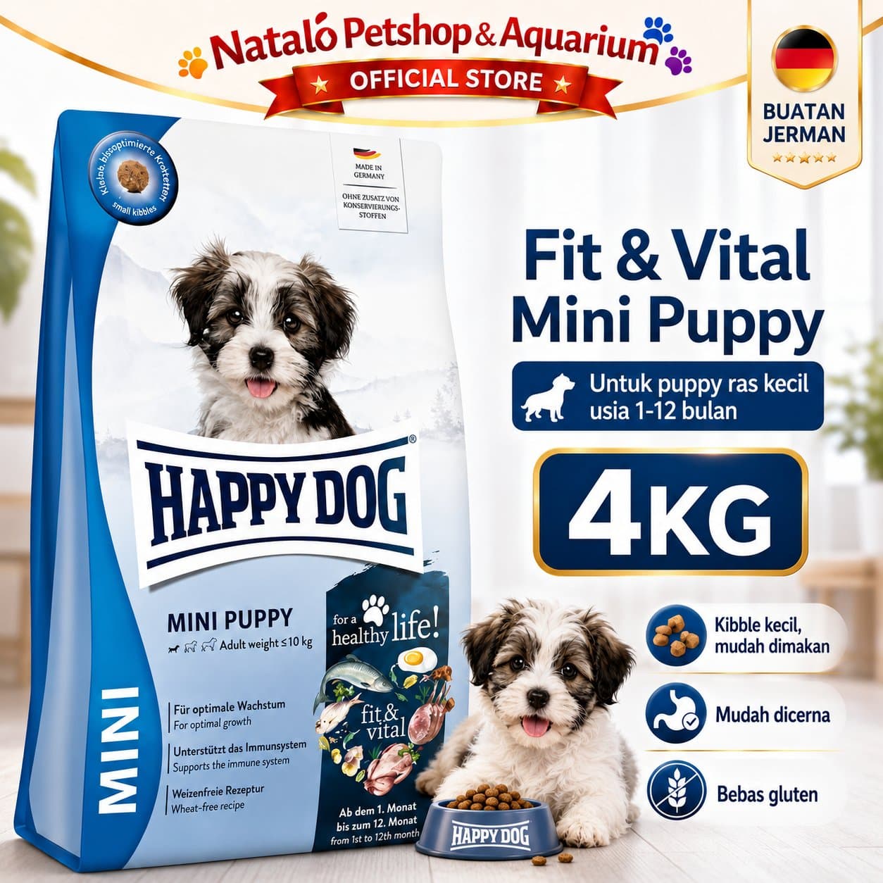 Happy Dog Mini Puppy Fit & Vital 4KG Small Breed Dog Food - Makanan Anak Anjing Ras Kecil Mini Super Premium 4 KG - gambar 1