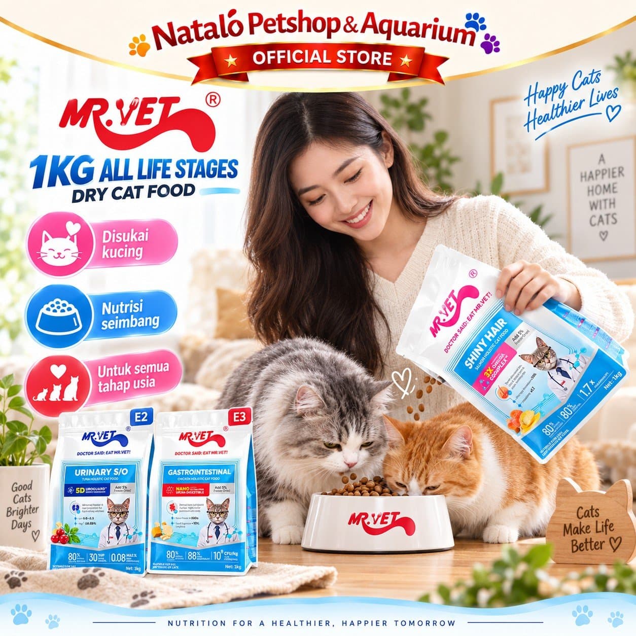 Mr. Vet E1 Shiny Hair / E2 Urinary S/O / E3 GASTROINTESTINAL 1KG Functional All Life Stages Holistic Dry Cat Food - Makanan Kucing Holistik Mr.Vet Semua Tahap Usia Fungsional 1 KG - gambar 5