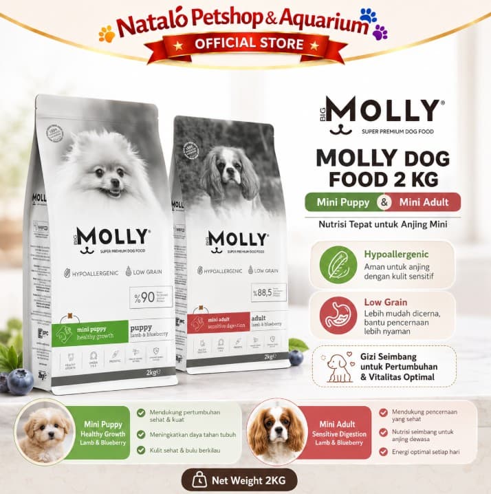 Molly Dog Food 2KG Super Premium Mini Adult / Puppy Lamb Dry Kibble Makanan Anjing Kering untuk Anak dan Dewasa ras Kecil Small Breed rasa Domba 2 KG
