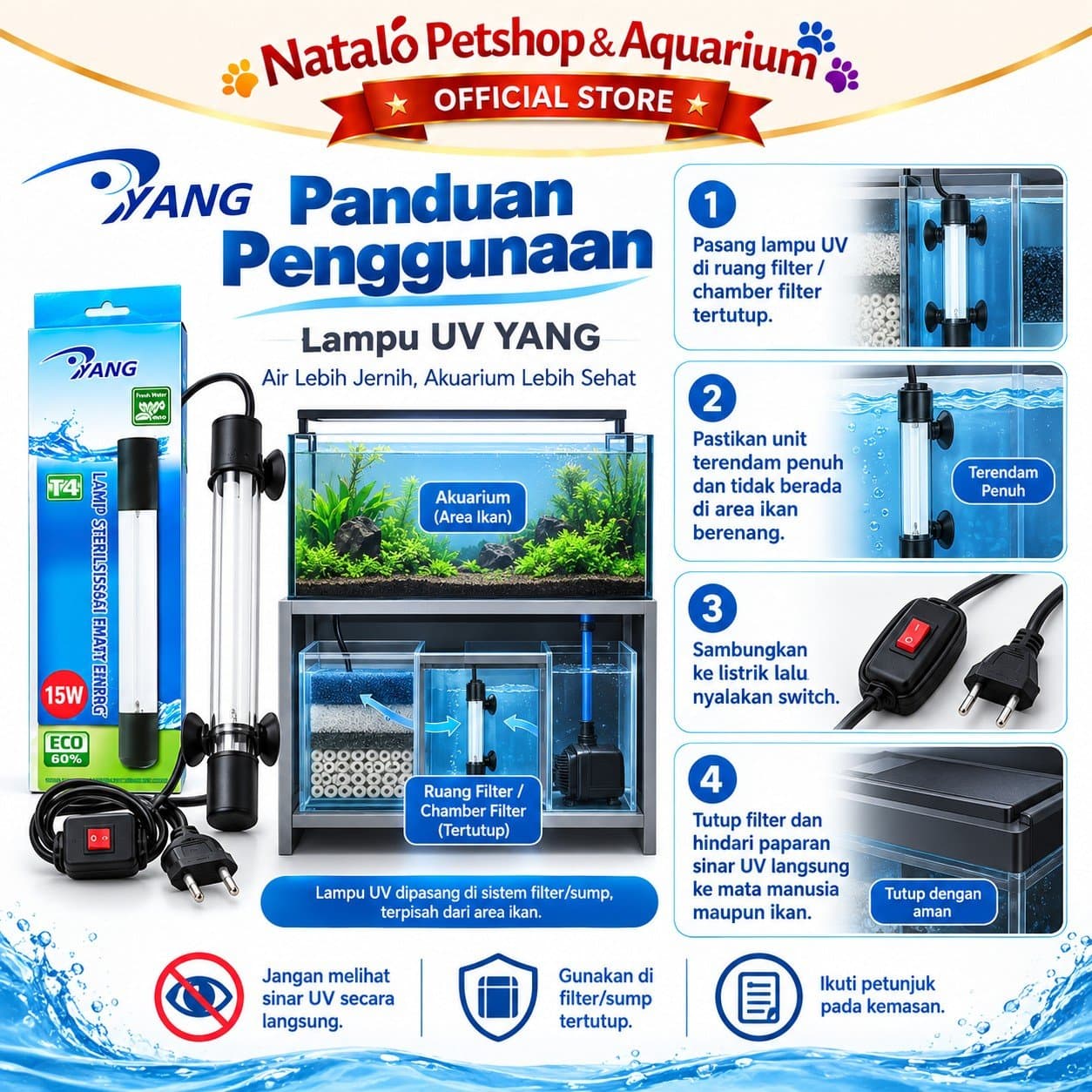 YANG T4 Lampu UV Sterilizer Celup Selam Aquarium Kolam Koi 5 Watt 7 Watt 9 Watt 11 Watt 15 Watt 20 Watt 25 Watt UV Light Ultraviolet Sterilisasi Air Anti Alga Air Hijau Aquascape Filter Kolam Ikan - gambar 3