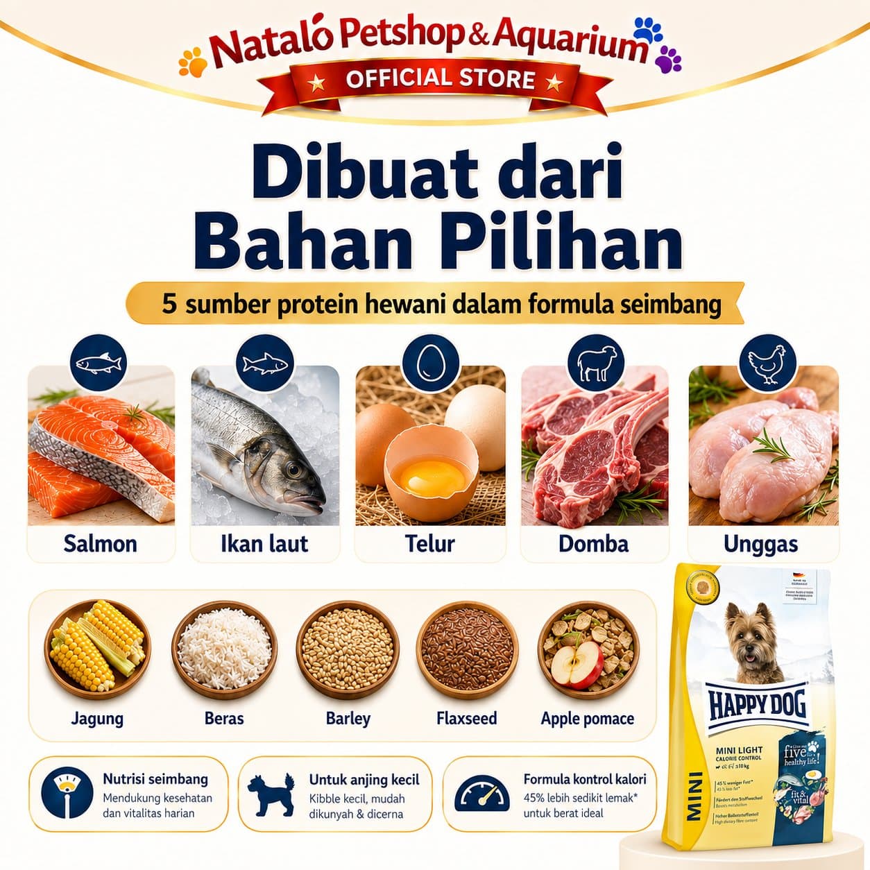 Happy Dog Fit & Vital Mini Light Calorie Control / Low Fat / Weight 800GR Small Breed Adult Dog Food - Makanan Anjing Dewasa Ras Kecil untuk Menjaga Berat Badan 800 GR - gambar 4