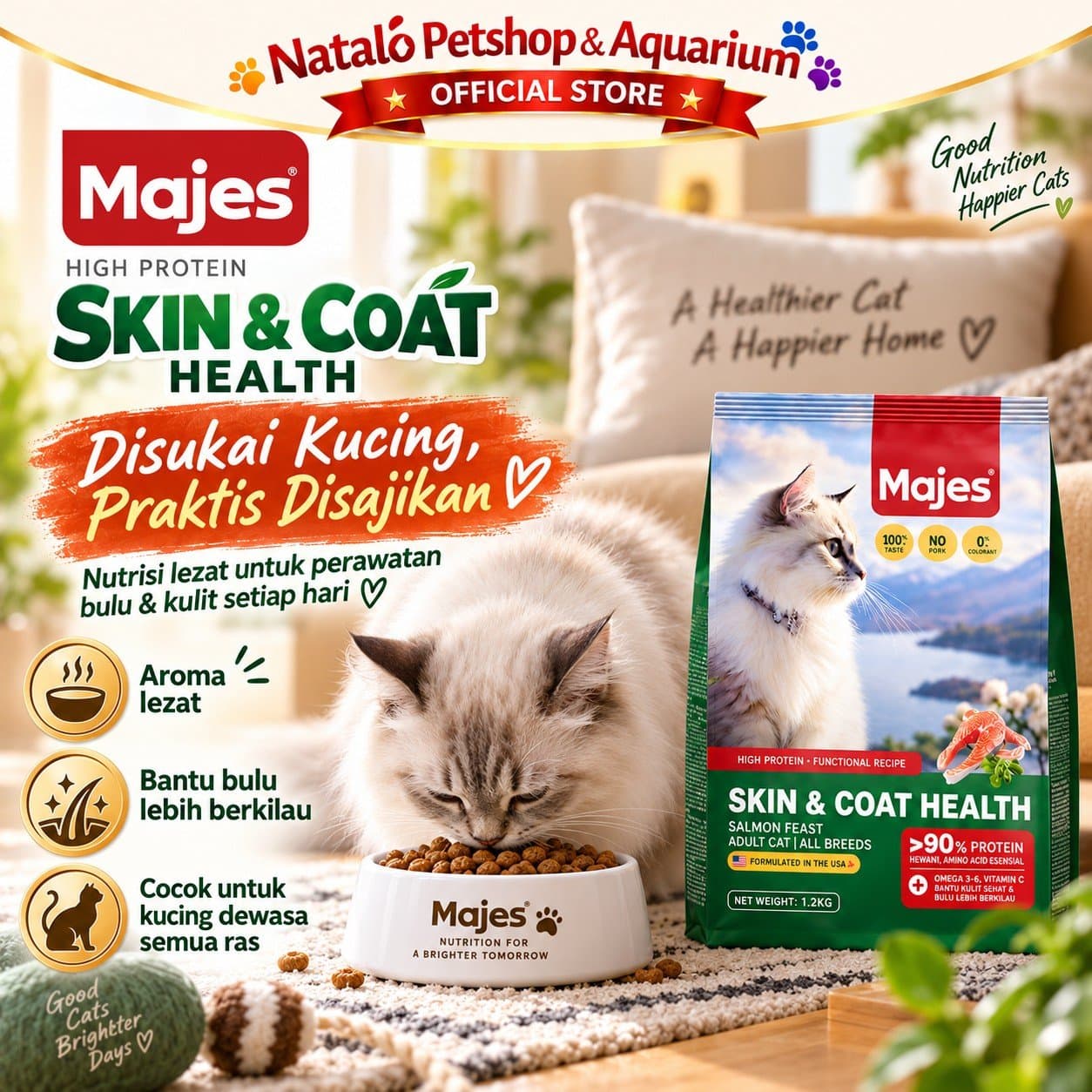 MAJES High Protein Skin & Coat Health Salmon Feast Adult Dry Cat Food 400GR / 1.2KG - Hair Skin Care - Makanan Kucing Dewasa untuk Kesehatan Bulu dan Kulit 400 GR / 1.2 KG - gambar 5