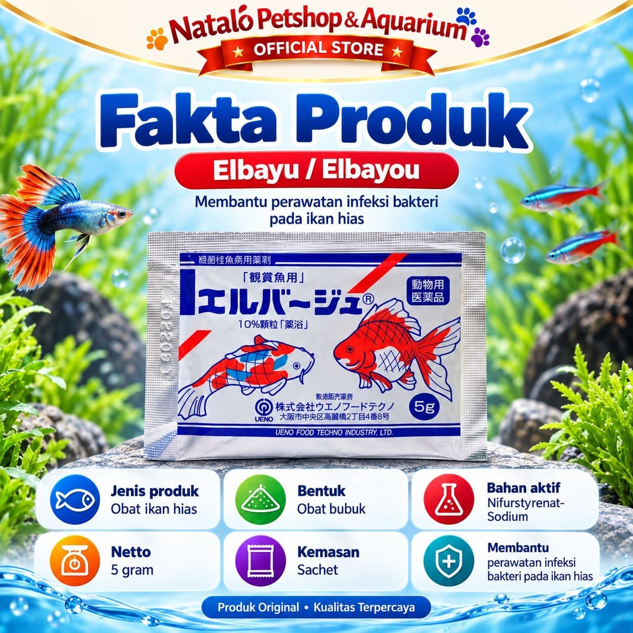 Elbayu / Elbayou 5 GR - Obat Perawatan / Karantina Ikan Hias Jepang Koi Koki Ikan Tawar 5 GRAM - gambar 2