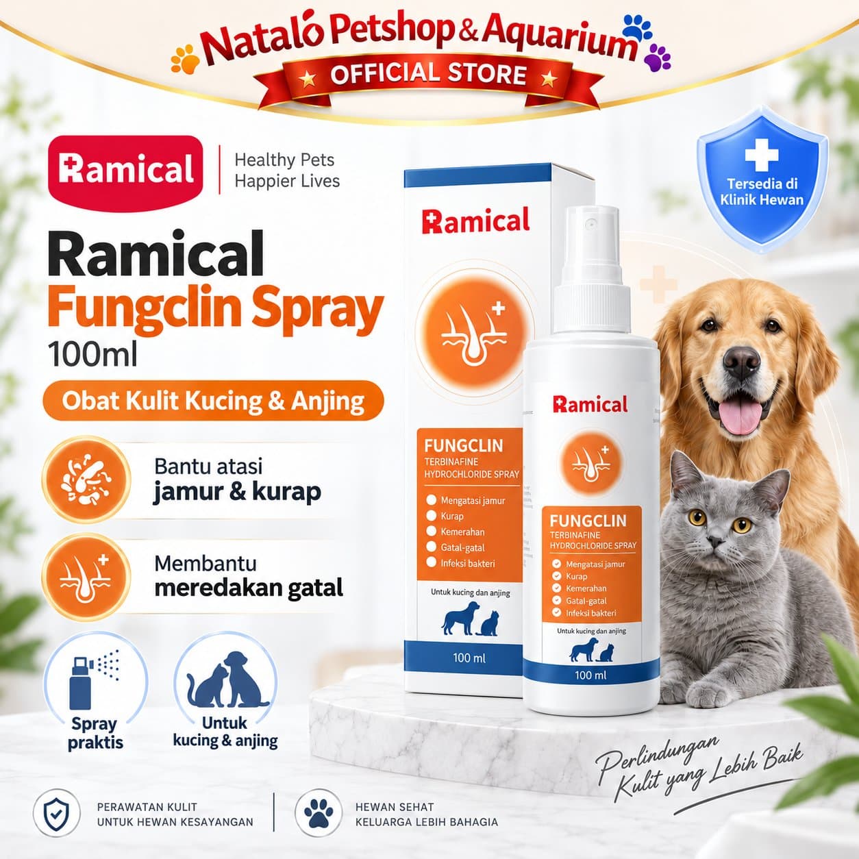 Ramical FUNGCLIN Spray 100ML - Obat Semprot Kulit Nati Jamur Kurap Gatal Infeksi untuk Hewan Peliharaan - gambar 1