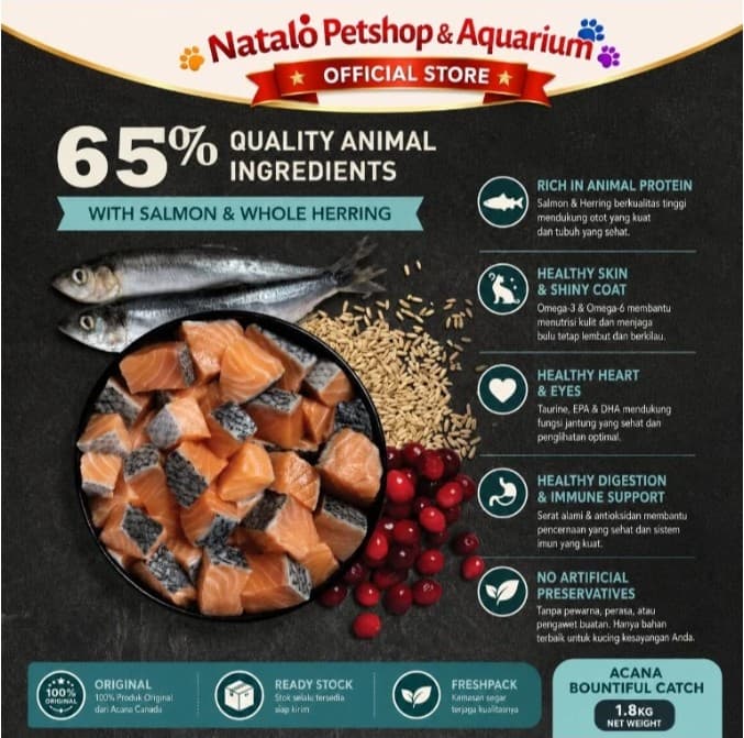 Acana Bountiful Catch Adult Cat Food 1.8KG Premium Dry Food - Salmon with Herring - Makanan Kucing Kering Dewasa 1.8 KG rasa ikan sehat bulu lebat - gambar 2