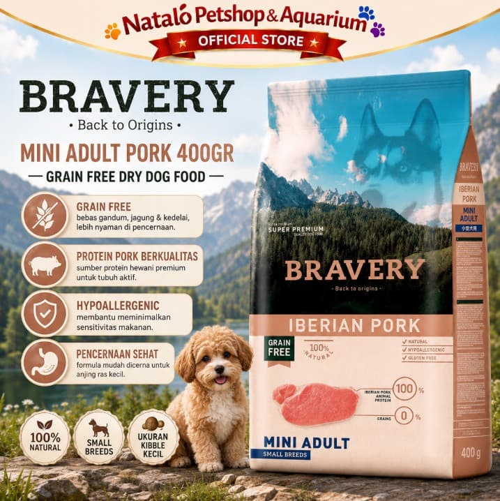 Bravery Mini Adult PORK 400GR Makanan Anjing Small Breed Adult Dog Food Premium Pelet 400 gr