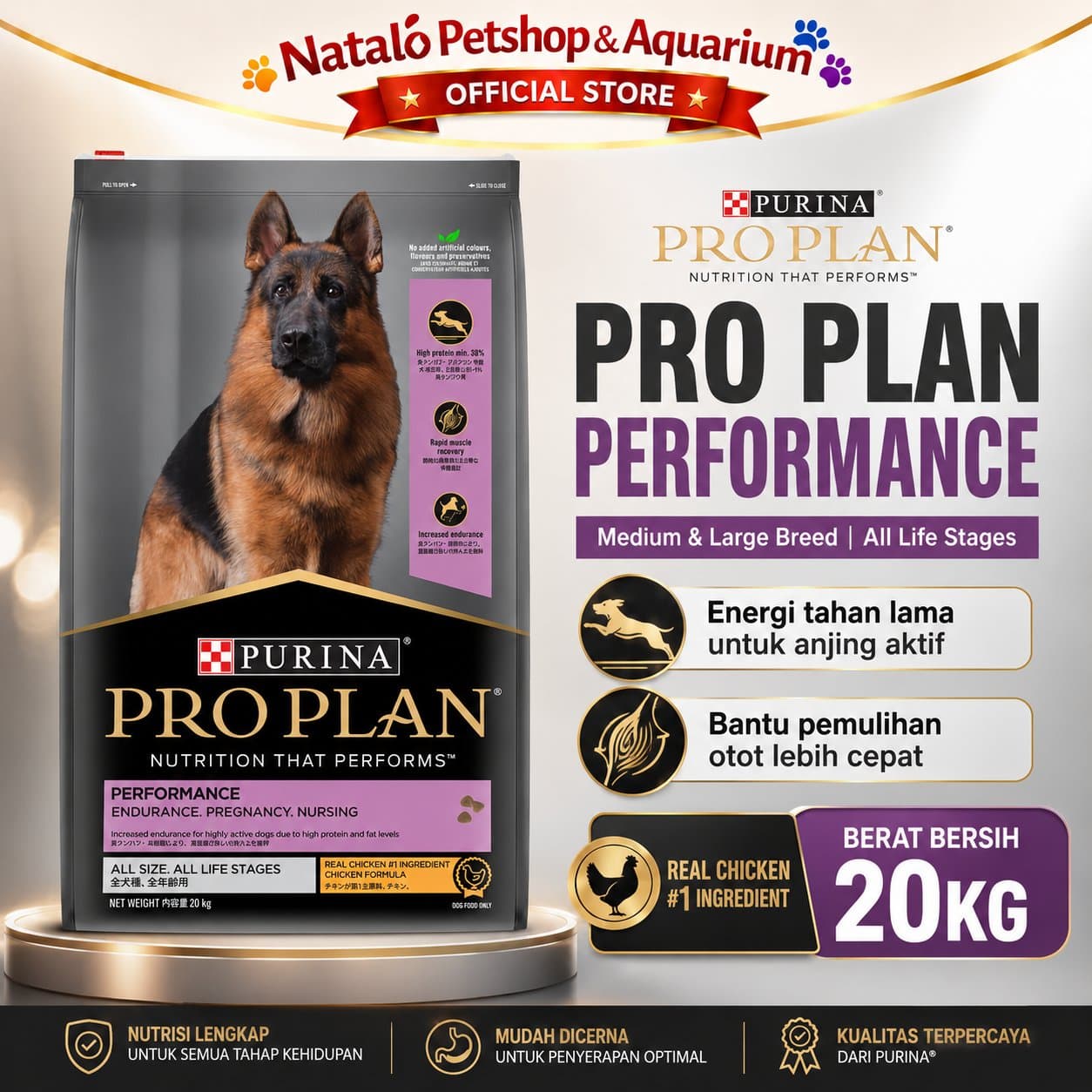 PRO PLAN Performance All Age & All Size 20KG Dog Food Chicken Formula - Makanan Anjing Semua Umur dan Jenis Ras untuk Performa / Aktif / Pekerja / Daya Tahan / Hamil Menyusui 20 KG - gambar 1