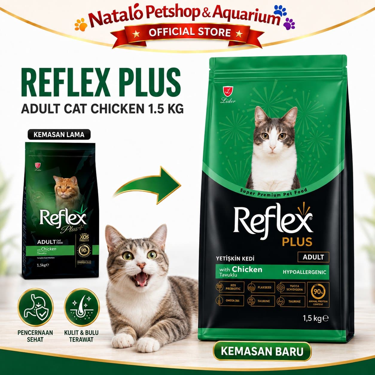 Reflex Plus Adult Cat Chicken 1.5KG - Makanan Kucing Kering Dewasa / Super Premium Cat Food / Pelet rasa Ayam / Imun Sehat / Baik untuk Pencernaan - gambar 1