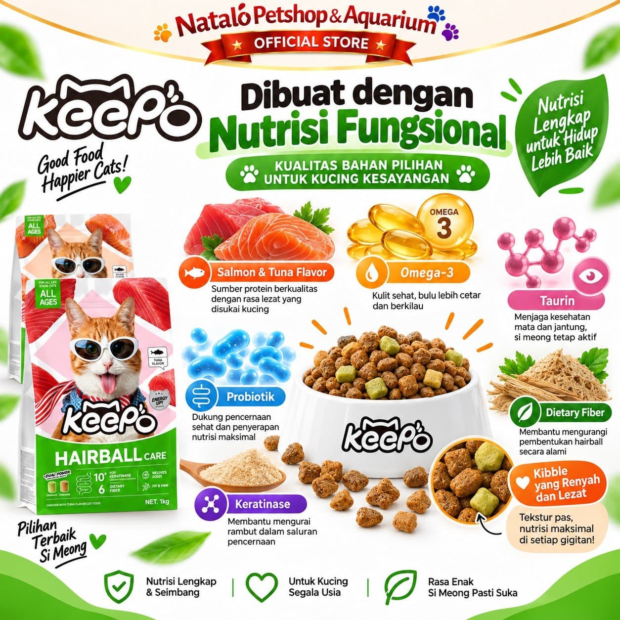 Keepo K1 Skin & Coat / K2 Hairball Care 1KG All Life Stages Dry Cat Food - Makanan Kucing Semua Tahap Usia / Umur untuk Kesehatan Bulu dan Kulit / Pencernaan 1 KG - gambar 4