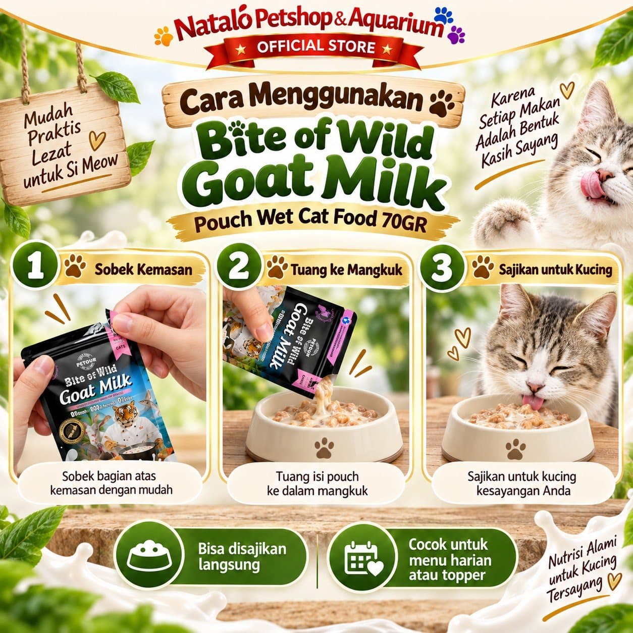 Bite of Wild Goat Milk Pouch Wet Cat Food 70GR All Life Stages  - Makanan Basah Saset Kucing  Semua Tahap Umur / Usia 70 GR - gambar 3