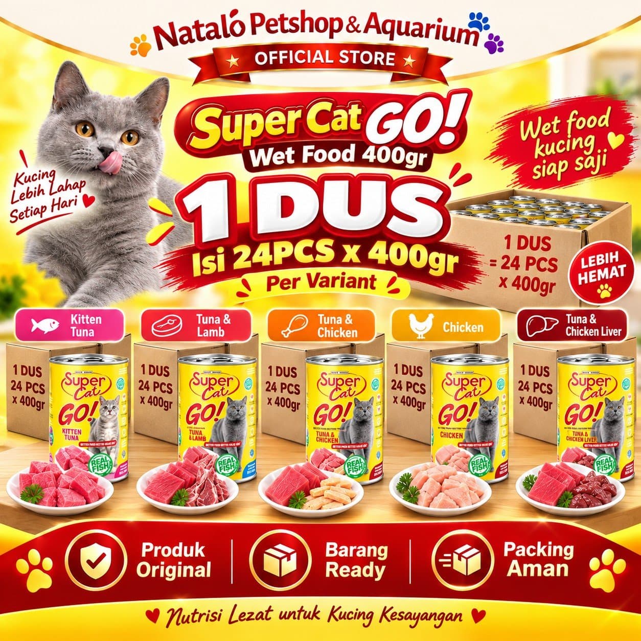 Super Cat GO! Kitten & Adult Wet Cat Food 1 DUS isi (24pcs x400gr) - Makanan Basah Kaleng Supercat GO Anak & Kucing Dewasa - gambar 1