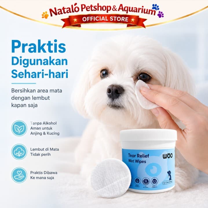 Woo Tear Stain Reflief Wet Wipes - Pembersih Mata Tanpa Alkohol dari Ekstrak Bahan Alami Herbal Cat & Dog 120 Lembar - gambar 2