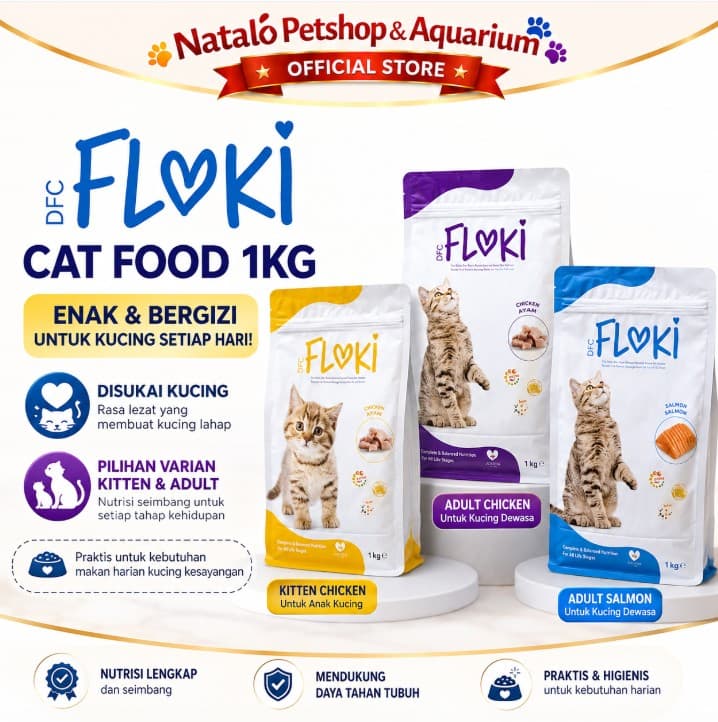 Floki Cat Food 1KG Adult Salmon Chicken / Kitten Dry Premium Makanan Kering Kucing Dewasa Semua Ras All Breed Kitten rasa Ayam Ikan Anak 1 KG - gambar 1