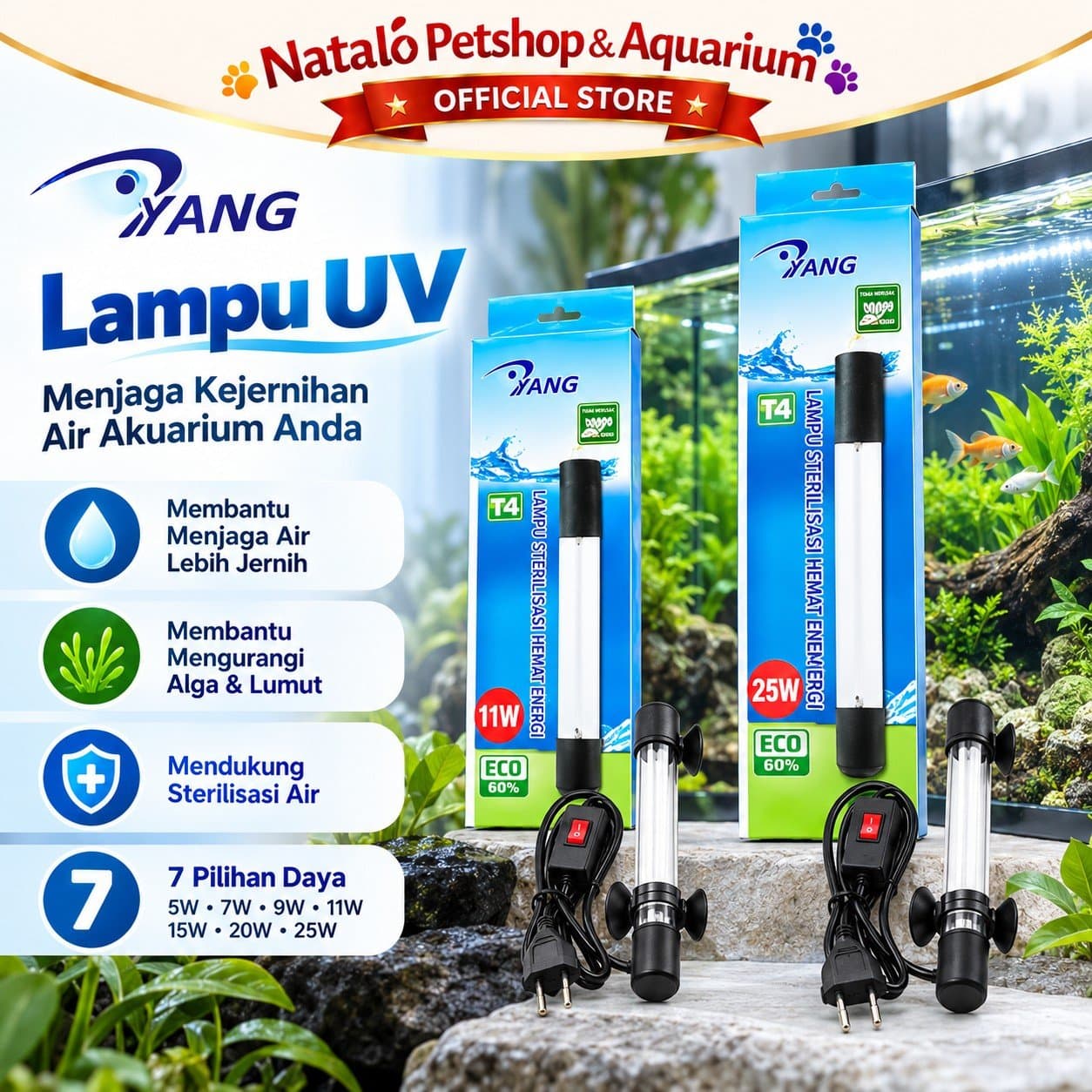 YANG T4 Lampu UV Sterilizer Celup Selam Aquarium Kolam Koi 5 Watt 7 Watt 9 Watt 11 Watt 15 Watt 20 Watt 25 Watt UV Light Ultraviolet Sterilisasi Air Anti Alga Air Hijau Aquascape Filter Kolam Ikan - gambar 2