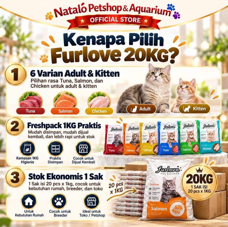 Furlove Dry Cat Food 20KG 1 Sak Isi 20pcs x 1KG Makanan Kucing Kering Adult Kitten Tuna Salmon Chicken Freshpack - gambar 2