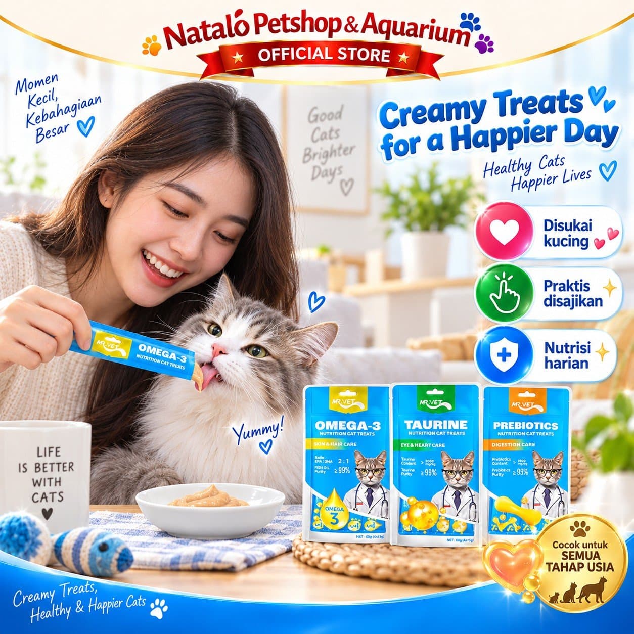Mr. Vet Nutrition Cat Treats All Life Stages Functional Creamy Snack 60GR - Camilan Kucing Mr.Vet Semua Tahap Usia Fungsional - Omega 3, Prebiotik, dan Taurin 1pack (4x15gr) - gambar 5