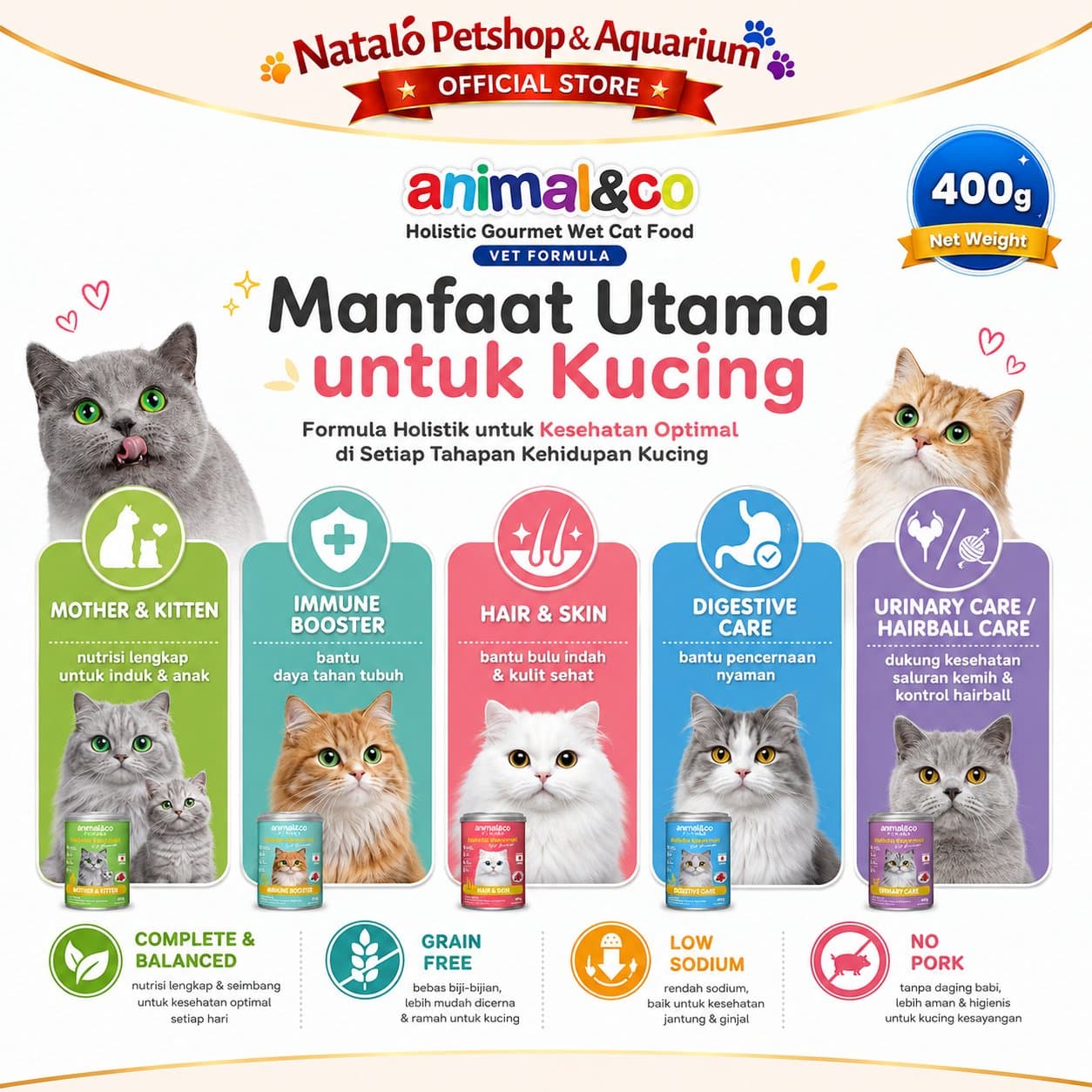 Animal&Co Functional Holistic Gourmet Vet Formula Grain Free 400GR All Life Stages - Makanan Kaleng Kucing Semua Umur 400 GR - gambar 2