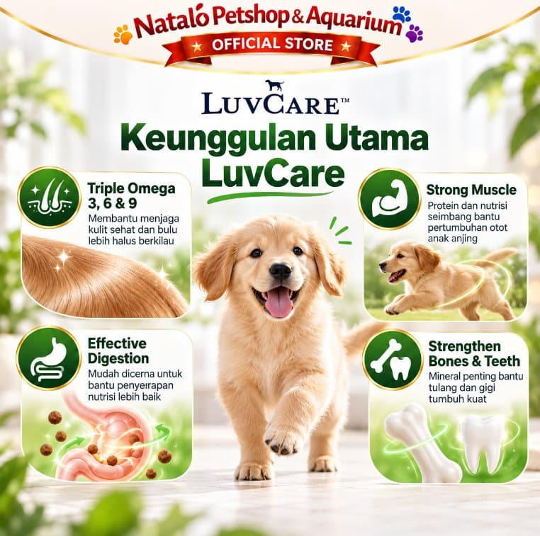 Luv Care Puppy Medium Breed Triple Omega 9KG Dog Food Makanan Anjing Kering Puppy Kulit Bulu Pencernaan - gambar 2