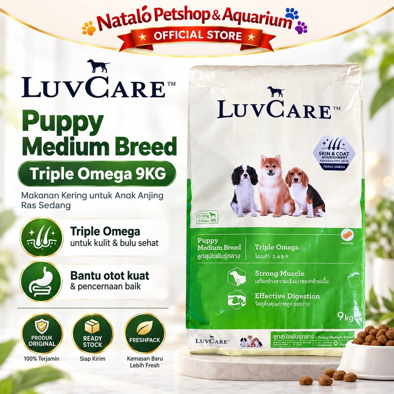 Luv Care Puppy Medium Breed Triple Omega 9KG Dog Food Makanan Anjing Kering Puppy Kulit Bulu Pencernaan