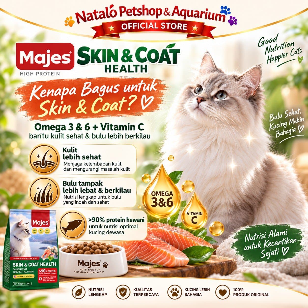 MAJES High Protein Skin & Coat Health Salmon Feast Adult Dry Cat Food 400GR / 1.2KG - Hair Skin Care - Makanan Kucing Dewasa untuk Kesehatan Bulu dan Kulit 400 GR / 1.2 KG - gambar 2
