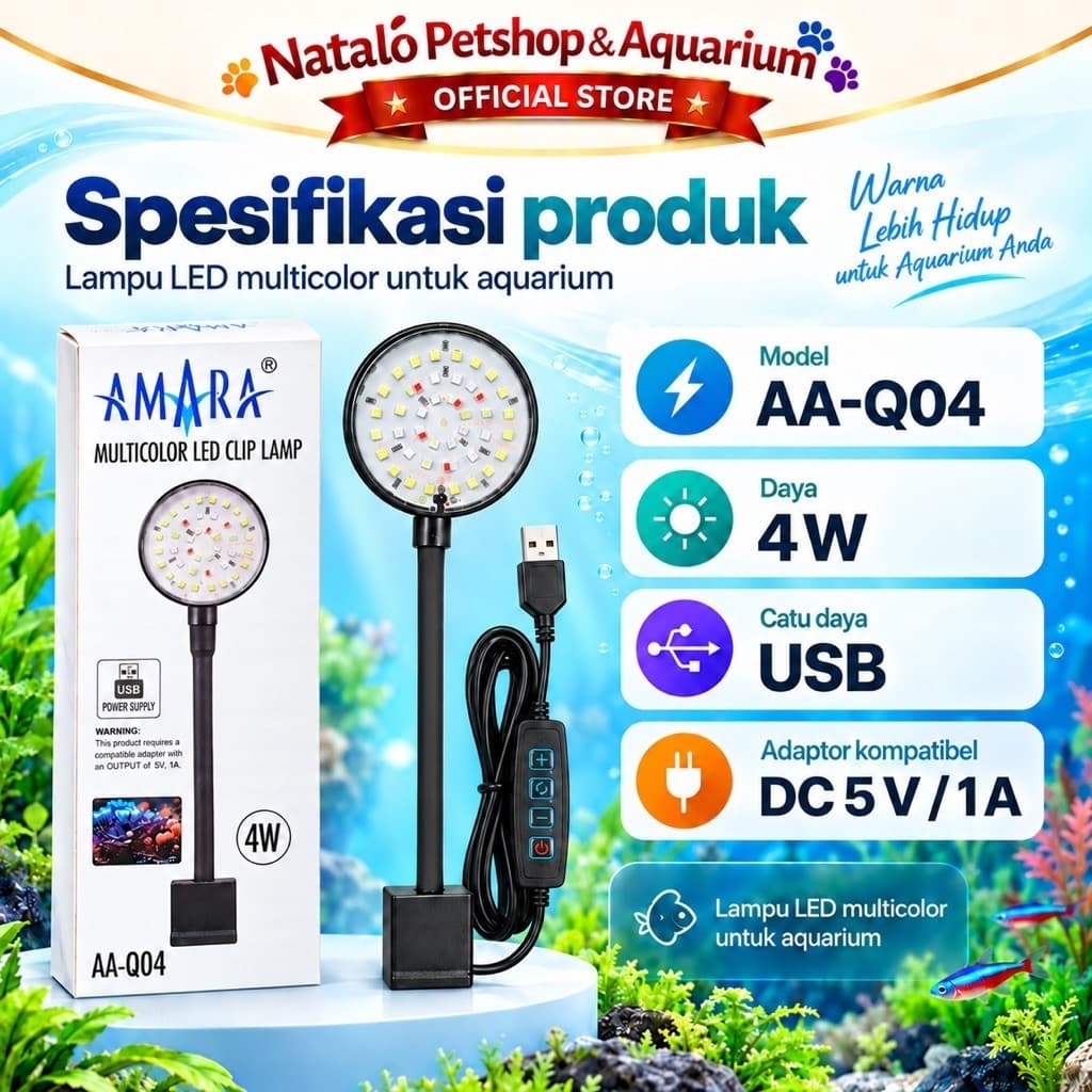 AMARA Multicolor Led Clip Lamp AA-Q04 - Lampu Led Aquarium Aquascape Jepit USB 3 MODE / Hemat AA Q04 Watt - gambar 4