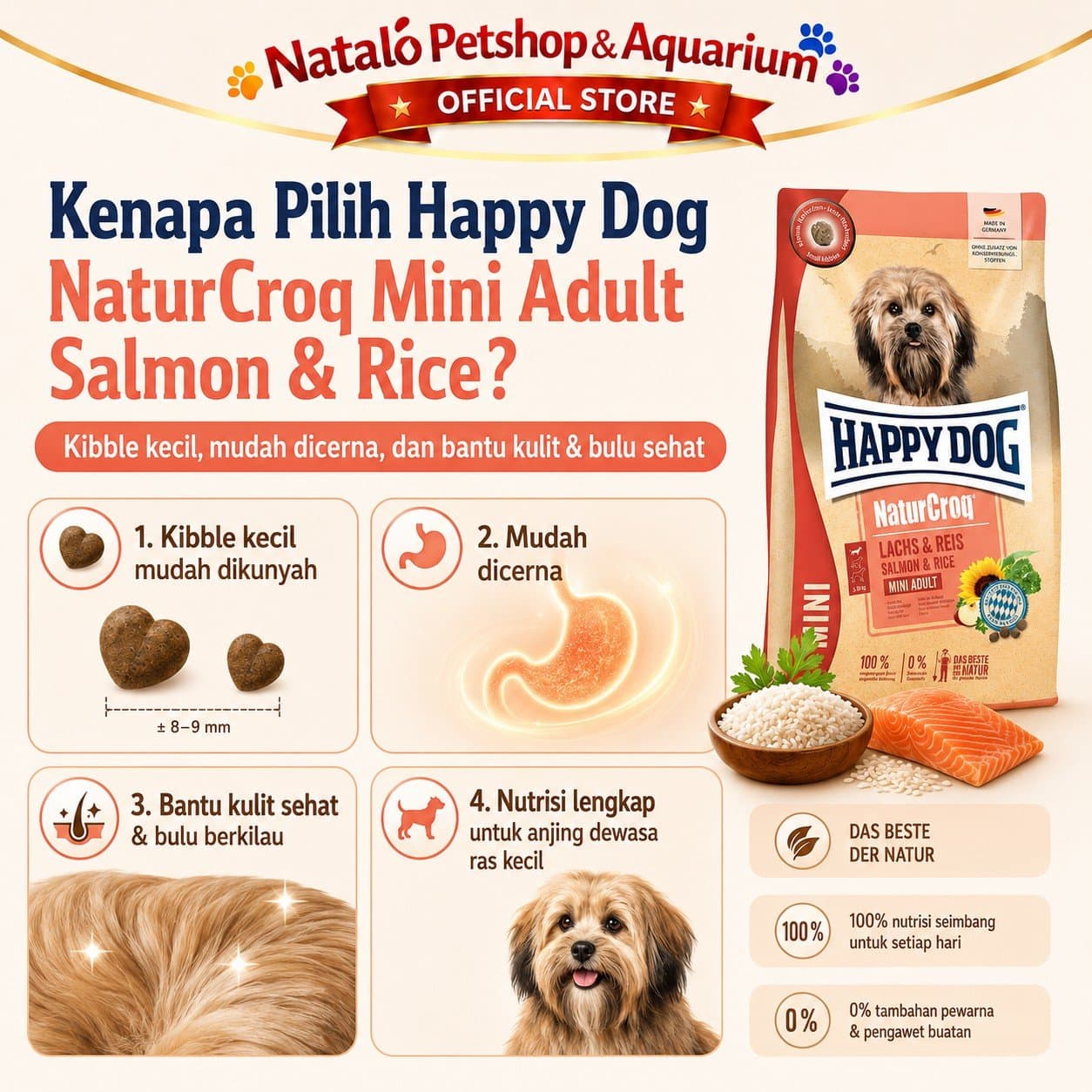 Happy Dog NaturCroq Mini Adult Salmon & Rice 4KG Small Breed Dog Food - Makanan Anjing Dewasa Ras Kecil Premium 4KG - gambar 2