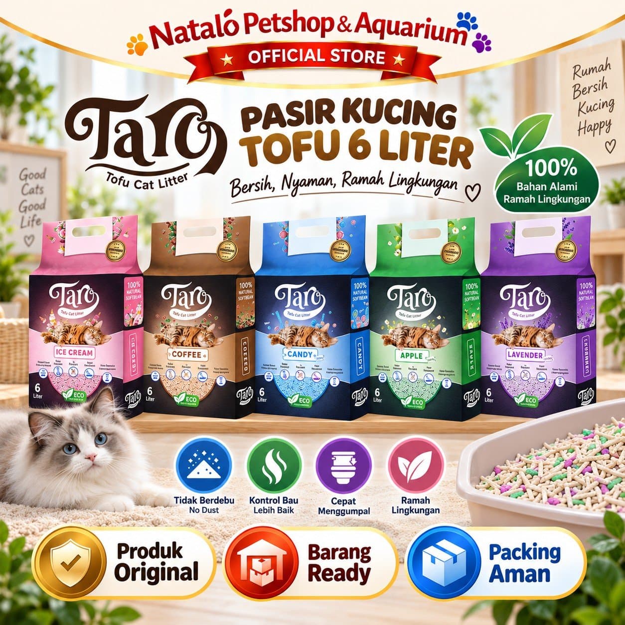 Taro Tofu Cat Litter 6LT Soya Clump 6 LT - Pasir Kucing terbuat dari Tahu Anti Debu - Gumpal Maximal Lembut Nyaman 6L 6 Liter Wangi - gambar 1