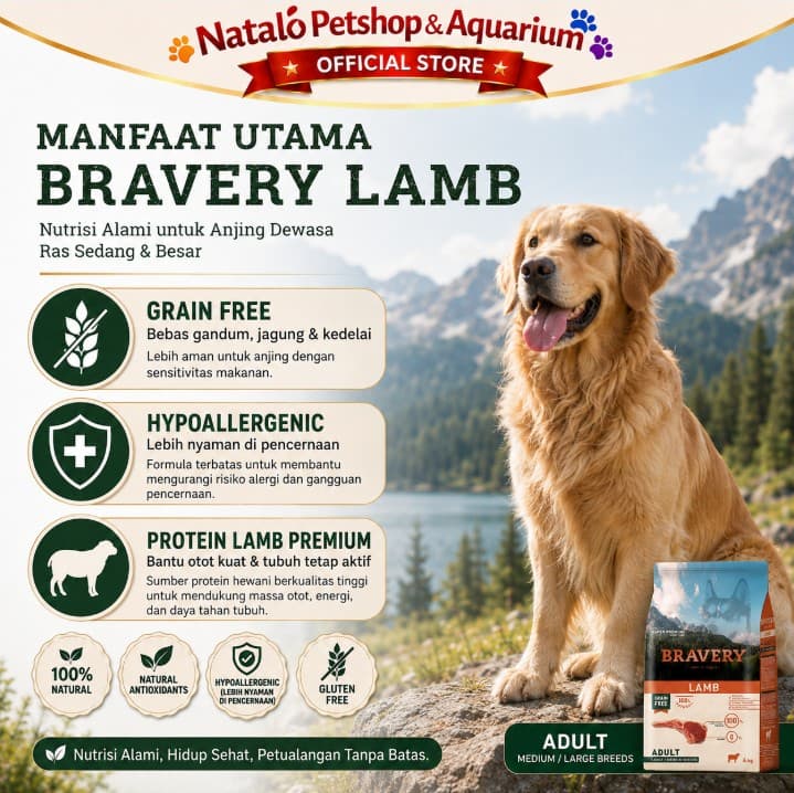 Bravery Medium / Large Adult Dog LAMB 4KG Makanan Anjing Super Premium Pelet Food 4 kg - gambar 2