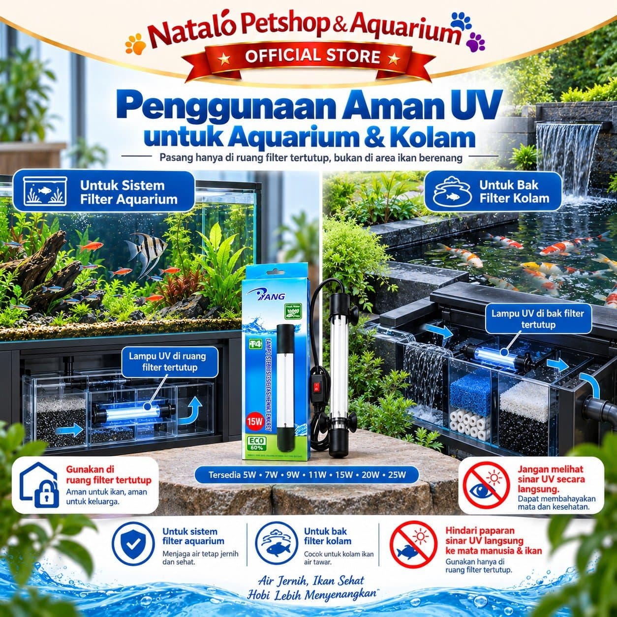 YANG T4 Lampu UV Sterilizer Celup Selam Aquarium Kolam Koi 5 Watt 7 Watt 9 Watt 11 Watt 15 Watt 20 Watt 25 Watt UV Light Ultraviolet Sterilisasi Air Anti Alga Air Hijau Aquascape Filter Kolam Ikan - gambar 5