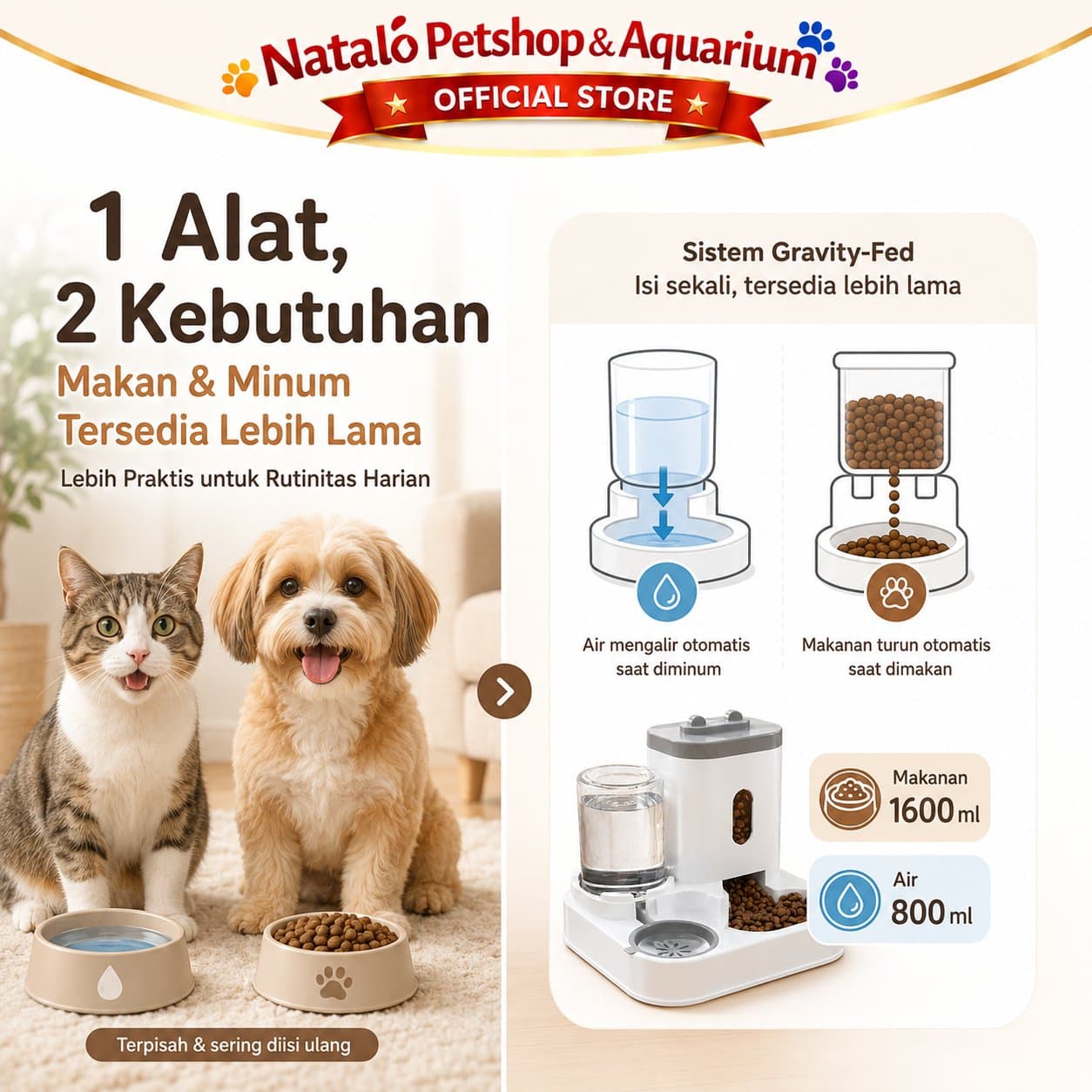 Dispenser 2in1 DC 168 - Tempat Makan Minum Hewan Peliharaan Kucing Anjing Pet Food Water - gambar 2