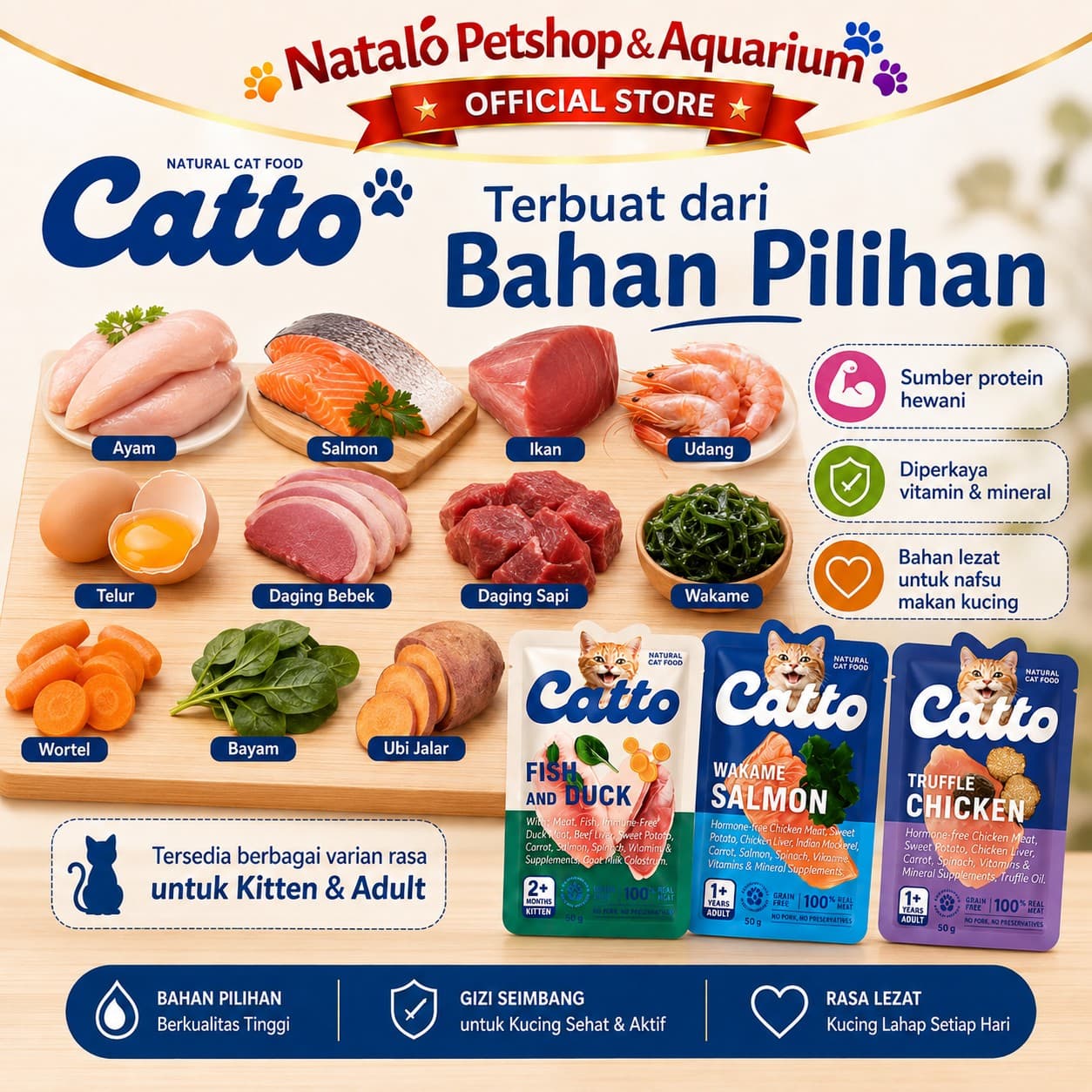 Catto Natural Wet Kitten and Adult Pouch Cat Food 50GR - Makanan Basah Saset Anak dan Kucing Dewasa 50 GR - gambar 4
