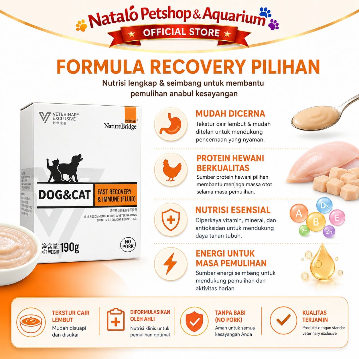 Nature Bridge Fast Recovery & Immune (Fluid) Complete Food for Dog & Cat Wet Food 190GR - Makanan Basah Anjing dan Kucing Cairan untuk Bantu Masa Pemulihan Pasca Penyembuhan dan Daya Tahan Tubuh 190 GR - gambar 4