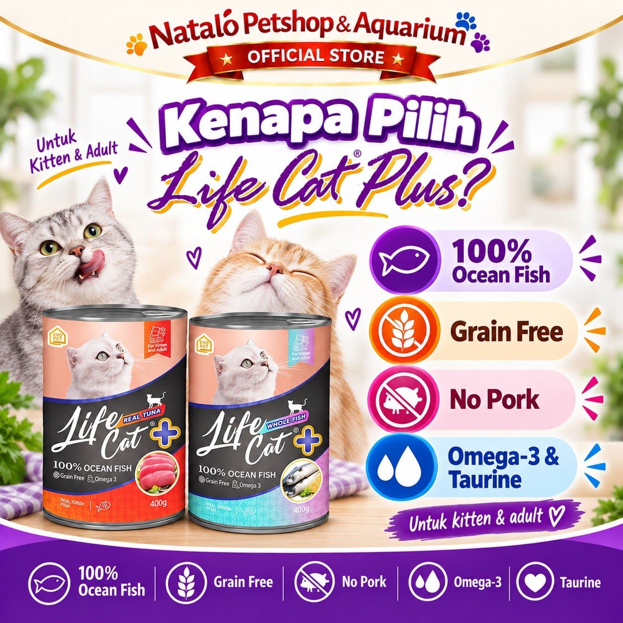Life Cat Plus + 400GR Wet Cat Food for Kitten & Adult - Makanan Basah Kaleng Lifecat Kucing Semua Tahap Usia / Umur 400 GR - gambar 2