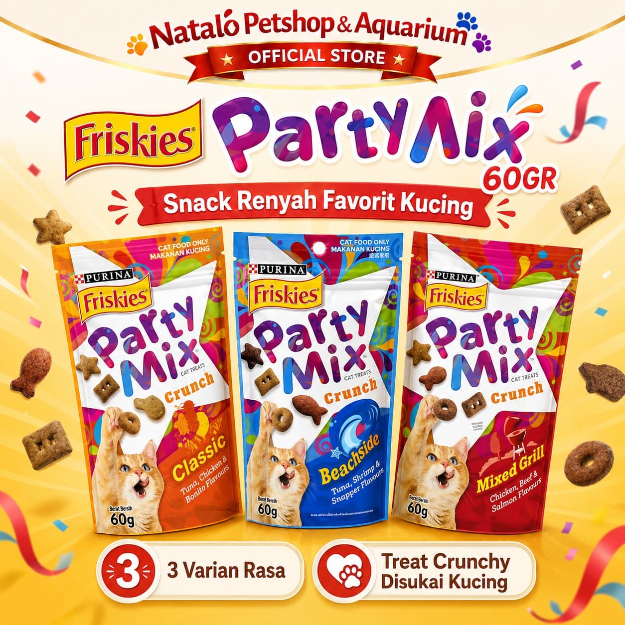 Friskies Party Mix 60GR Cat Treats - Snack Kucing Kering / Jajanan enak / Cemilan Treat Kering Kibble Kitten Adult - gambar 1