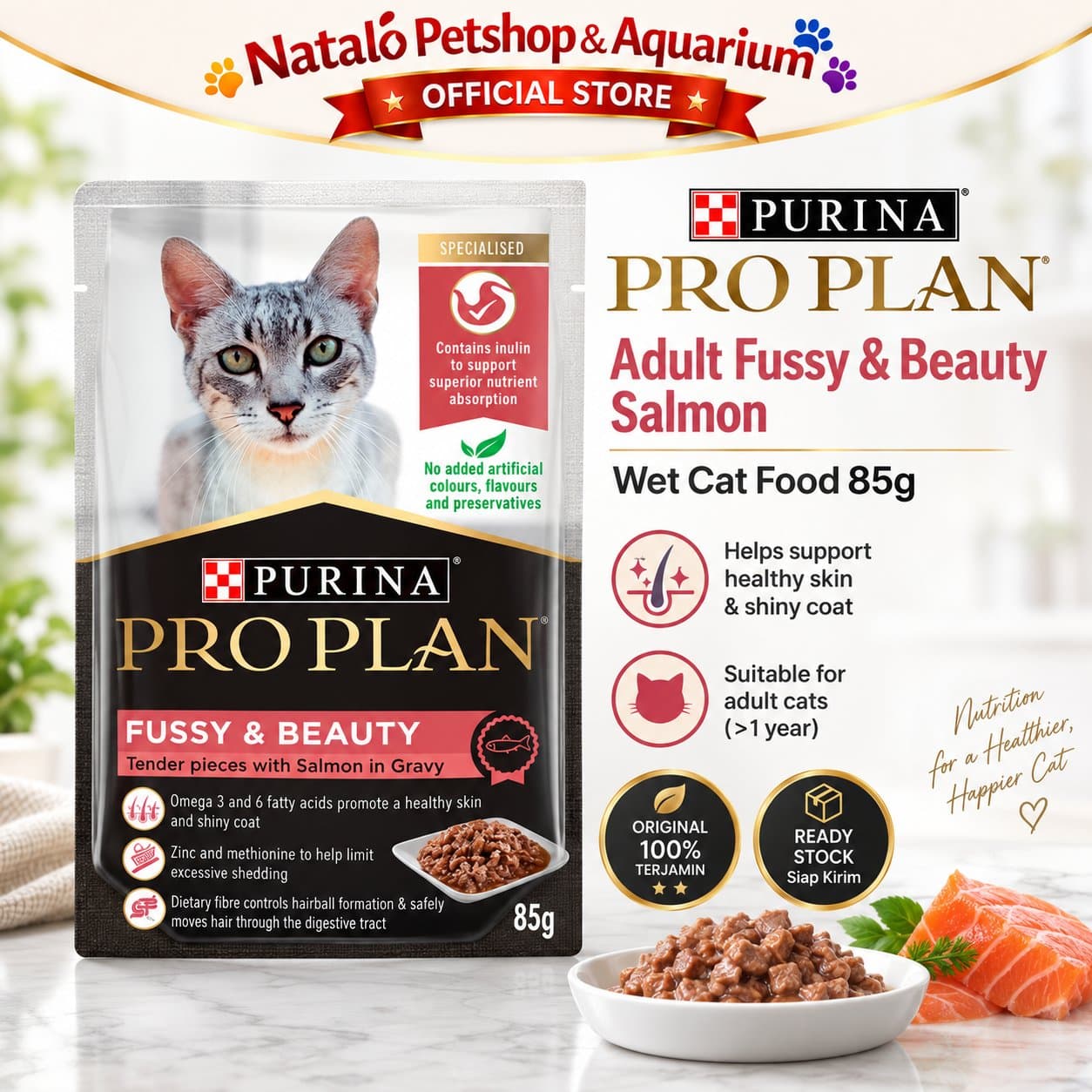 PRO PLAN Pouch Adult Fussy & Beauty Salmon in Gravy 85GR Wet Cat Food - Makanan Basah Saset Kucing Dewasa untuk Kulit dan Bulu Hair Skin 85 GR
